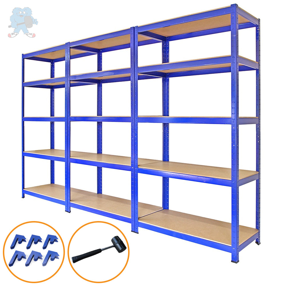 3 prateleiras de metal azul T-Rax 90x45x180cm sem parafusos Capacidade de peso 280kg por prateleira Armazenamento de ferramentas Oficina de armazenamento Garagem Galpão Estantes de metal industrial
