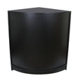 Balcão de canto preto para loja de varejo, com design moderno e acabamento liso, ideal para otimizar espaços e exibir produtos