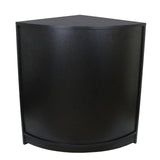 Balcão de canto preto para loja de varejo, com design moderno e acabamento liso, ideal para otimizar espaços e exibir produtos