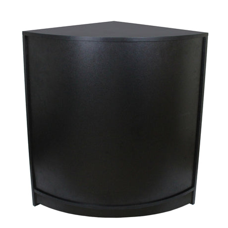 Balcão de canto preto para loja de varejo, com design moderno e acabamento liso, ideal para otimizar espaços e exibir produtos