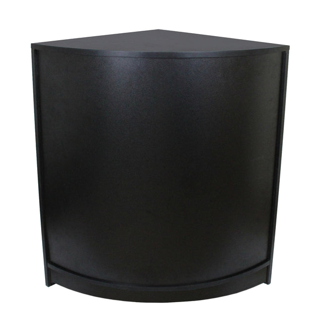 Balcão de canto preto para loja de varejo, com design moderno e acabamento liso, ideal para otimizar espaços e exibir produtos