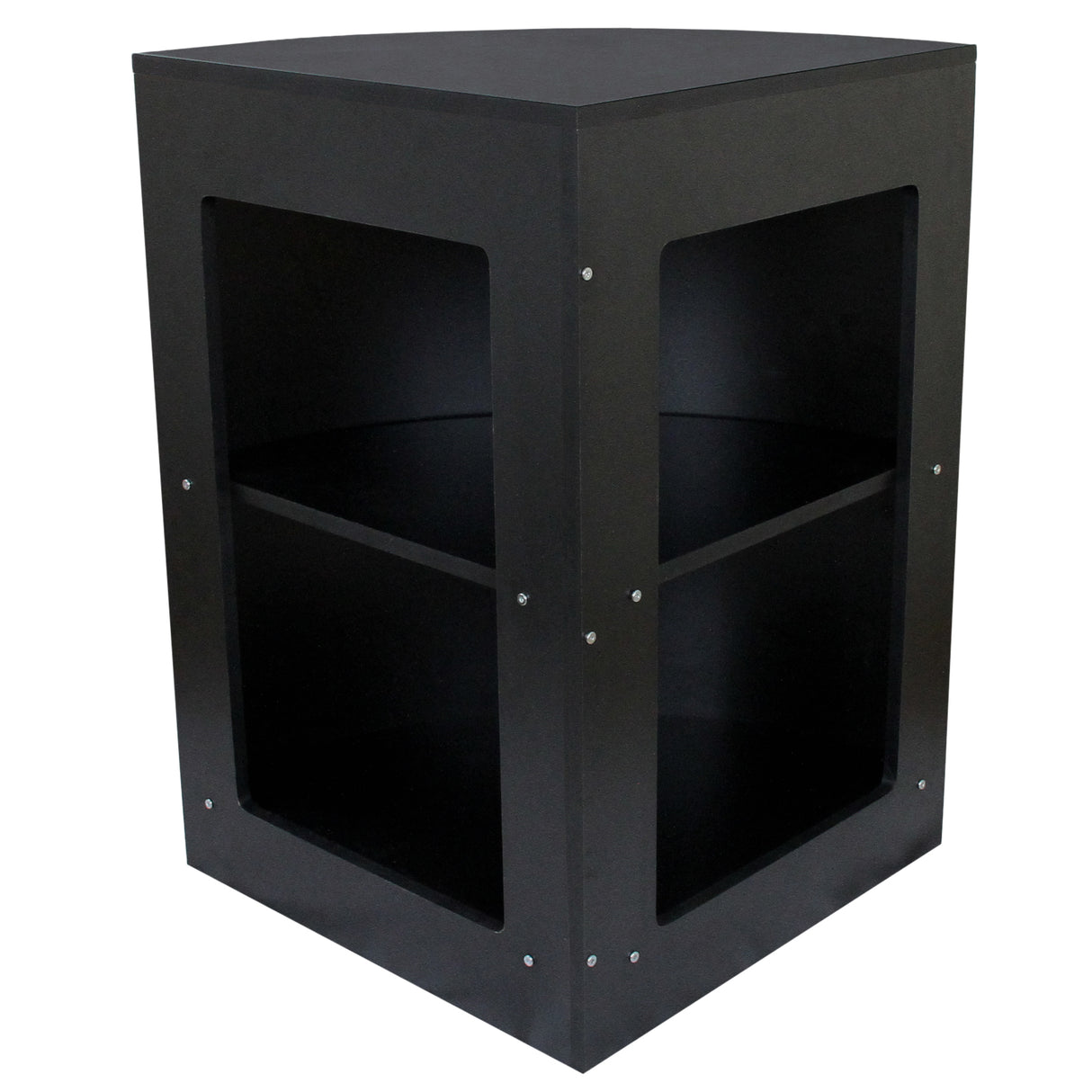 Balcão de canto preto para loja, com design moderno, duas prateleiras abertas e acabamento em MDF, ideal para exibição de produtos