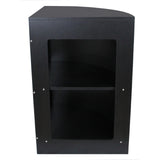 Balcão de canto preto para loja de varejo, com design moderno, superfície lisa e prateleira interna para armazenamento eficiente
