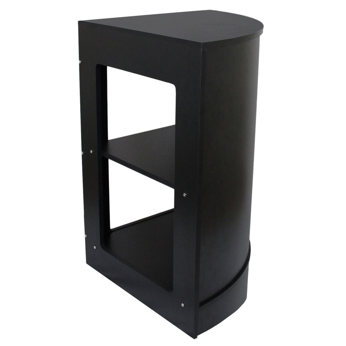 Balcão de canto para loja de varejo em preto, com design moderno, formato arredondado e prateleira interna para armazenamento