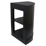 Balcão de canto para loja de varejo em preto, com design moderno, formato arredondado e prateleira interna para armazenamento