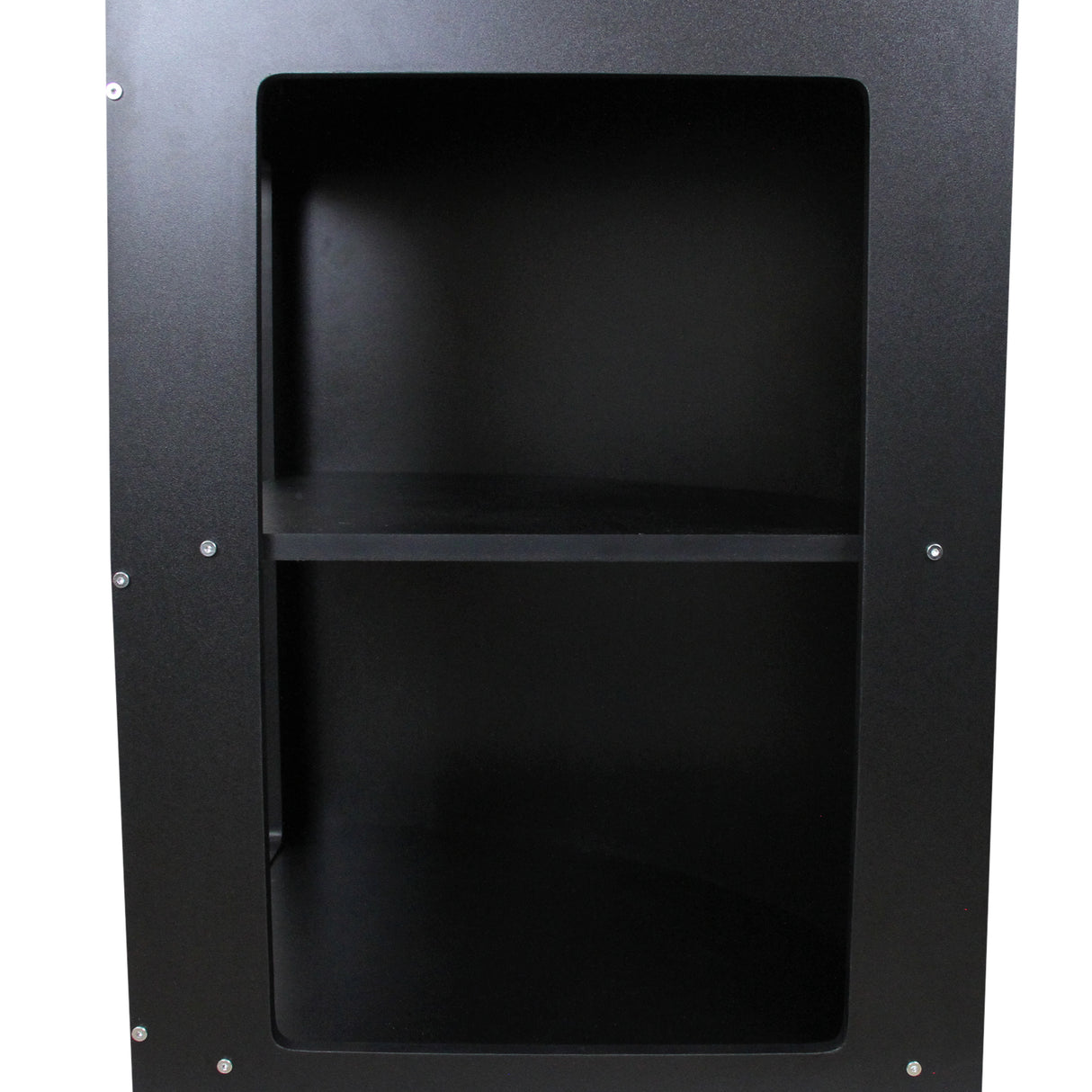 Balcão de canto para loja de varejo em preto, com design moderno, acabamento liso e prateleiras internas espaçosas para armazenamento