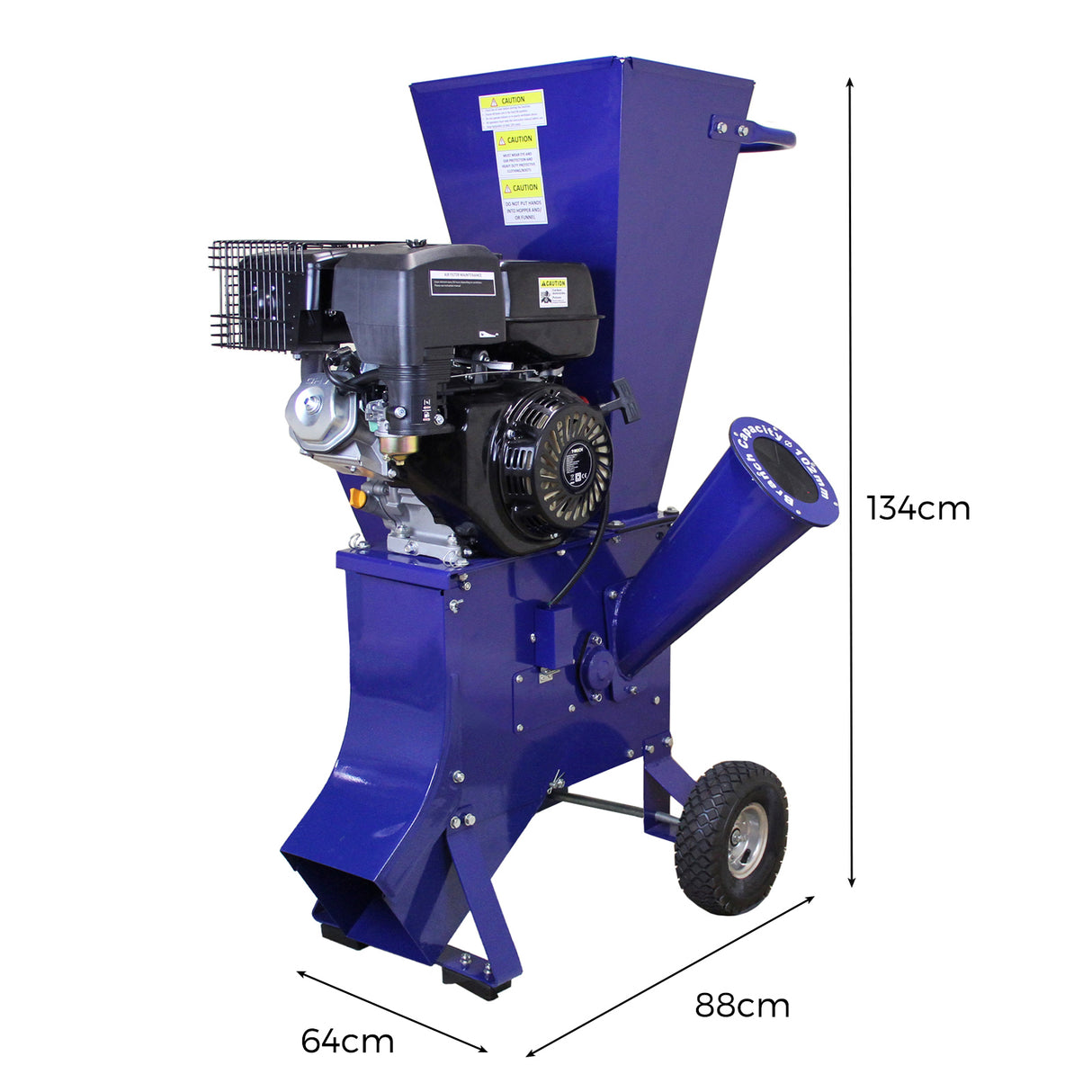 Rachador de toras T-Mech 7T em azul, com motor potente de 15HP, rodas para mobilidade e funil de saída para madeira triturada