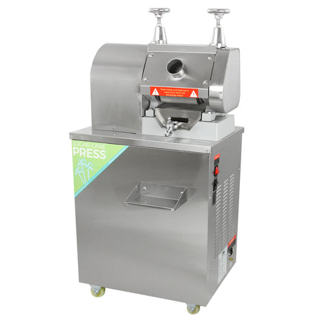 Máquina de suco de cana de aço inoxidável com design moderno, acabamento polido, botões de controle e rodas para fácil movimentação