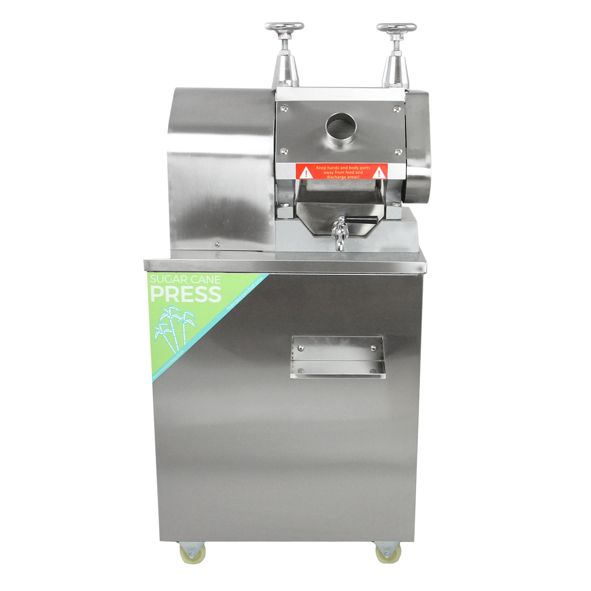 Máquina de suco de cana em aço inoxidável, com acabamento brilhante, alavancas cromadas e design moderno, ideal para extração de suco