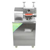 Máquina de suco de cana em aço inoxidável, com acabamento brilhante, alavancas cromadas e design moderno, ideal para extração de suco