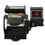 Prensa de canecas por sublimação PixMax com estrutura metálica preta, rolos de borracha e painel digital para controle de temperatura e tempo