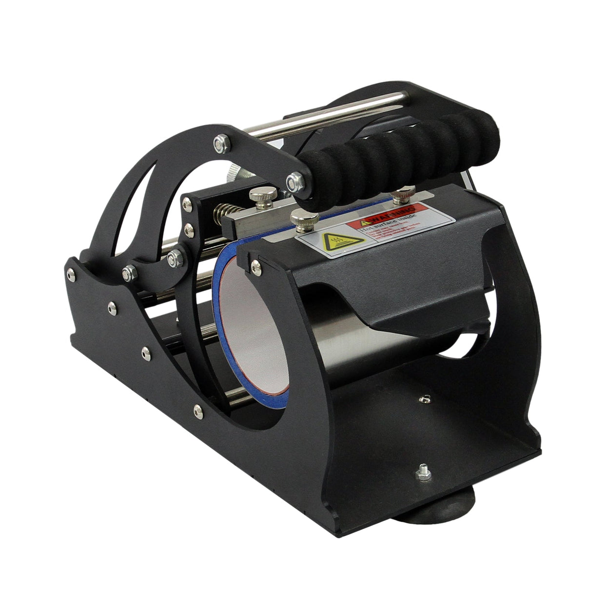 Prensa de canecas por sublimação PixMax com estrutura metálica preta, alça emborrachada e cilindro para transferências térmicas