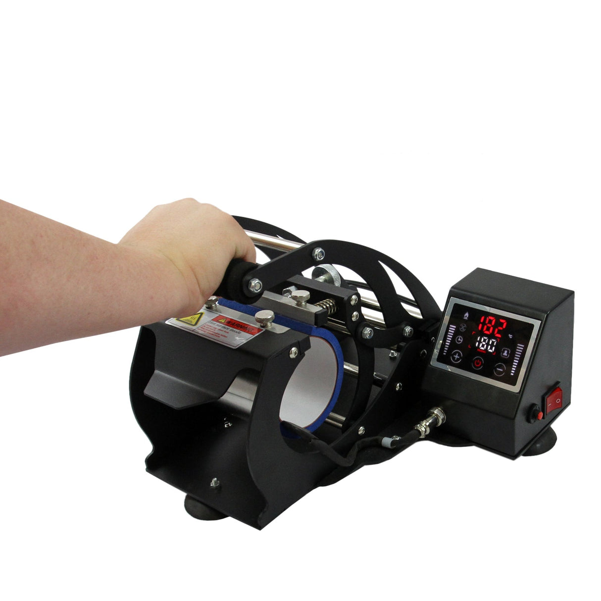 Prensa de canecas por sublimação PixMax com estrutura preta, painel digital e alavanca para pressão, ideal para personalização de canecas