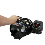Prensa de canecas por sublimação PixMax com estrutura preta, painel digital e alavanca para pressão, ideal para personalização de canecas