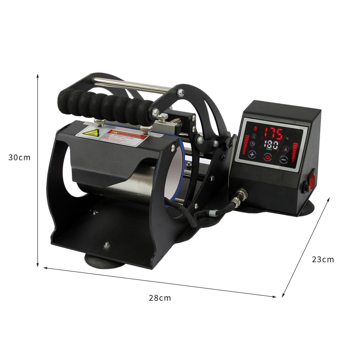 Prensa de canecas por sublimação PixMax, com estrutura preta, display digital e alça acolchoada para fácil manuseio e controle de temperatura