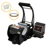 Prensa de canecas por sublimação PixMax com estrutura preta, painel digital, e alça de borracha para fácil manuseio e controle de temperatura
