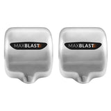 Secador de mãos comercial MAXBLAST em aço inoxidável, com design moderno e logotipo em destaque, ideal para ambientes públicos