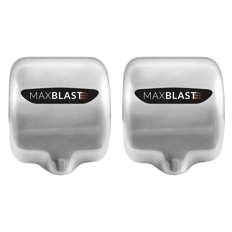 Secador de mãos comercial MAXBLAST em aço inoxidável, com design moderno e logotipo em destaque, ideal para ambientes públicos