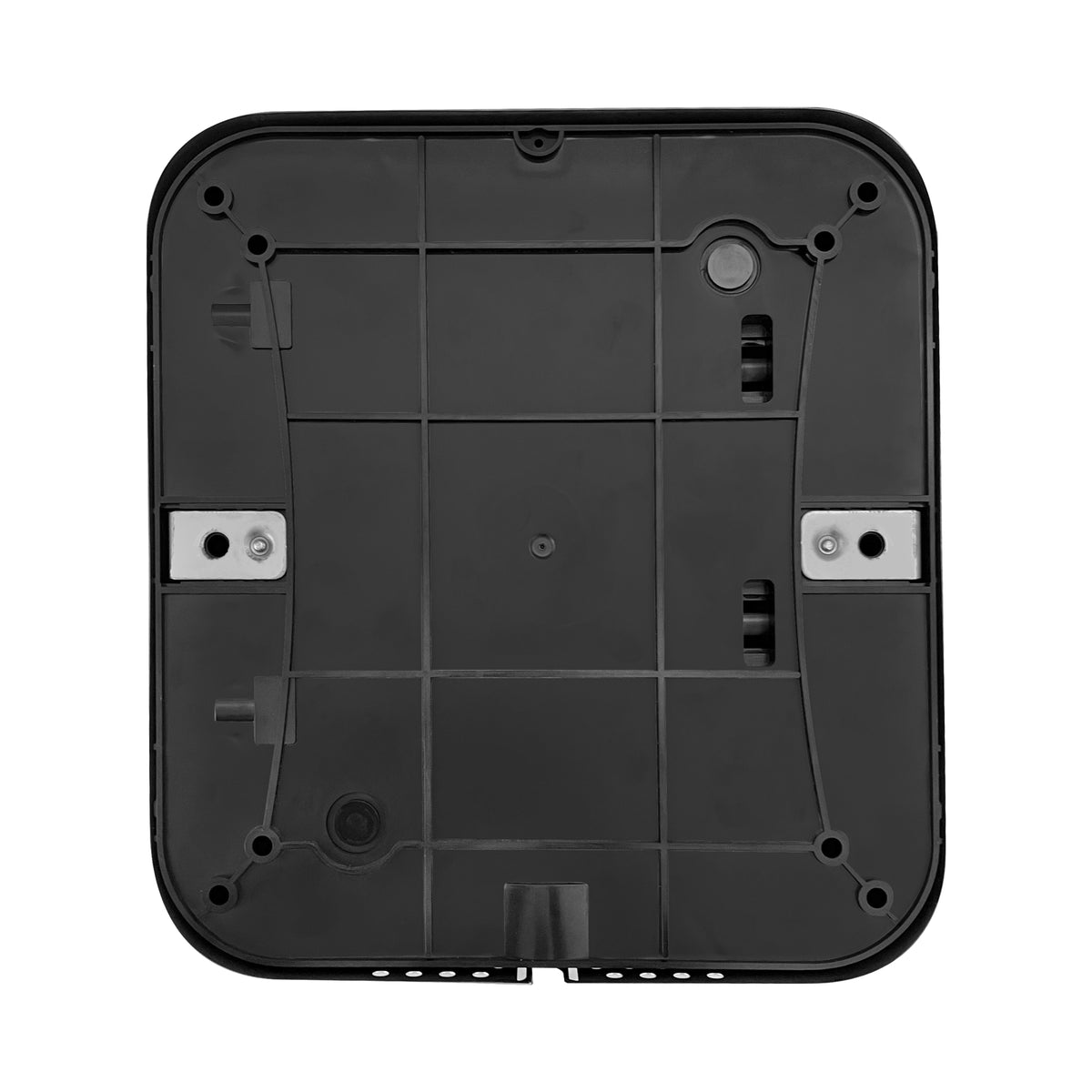 Base quadrada preta de plástico com detalhes metálicos, apresentando um design robusto e várias aberturas para montagem e ventilação