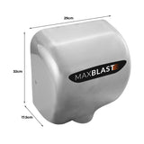Secador de mãos comercial MAXBLAST em inox, com design moderno, dimensões de 29cm x 32cm x 17,5cm, ideal para ambientes comerciais