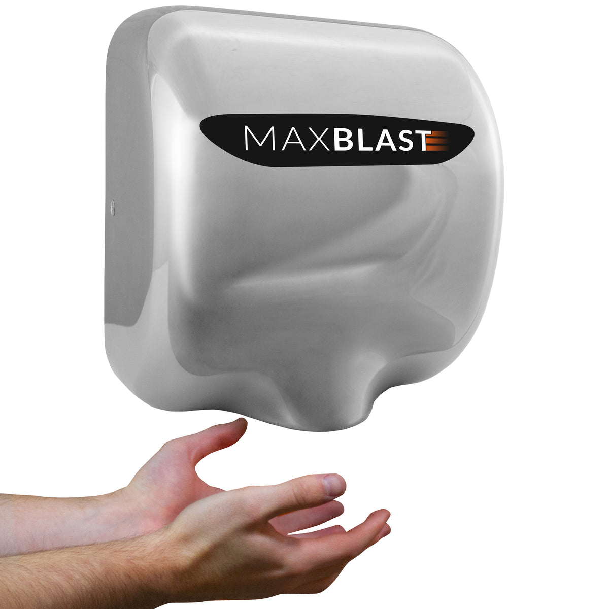 Secador de mãos comercial MAXBLAST em metal prateado, com design moderno e superfície lisa, ideal para ambientes comerciais