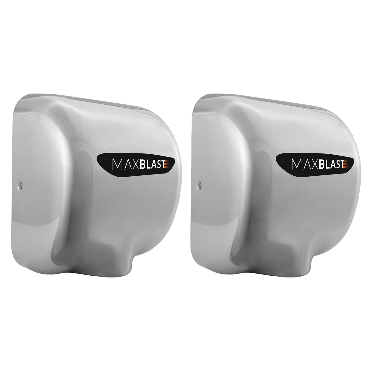 Secador de mãos comercial MAXBLAST em acabamento metálico prateado, com design moderno e logotipo em destaque na frente