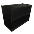 Balcão de loja A1200 em preto, com design moderno, superfície lisa e prateleira inferior para armazenamento eficiente