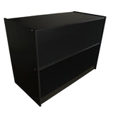 Balcão de loja A1200 em preto, com design moderno, superfície lisa e prateleira inferior para armazenamento eficiente