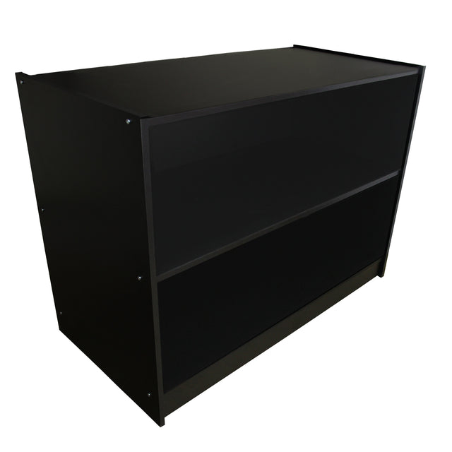 Balcão de loja A1200 em preto, com design moderno, superfície lisa e prateleira inferior para armazenamento eficiente