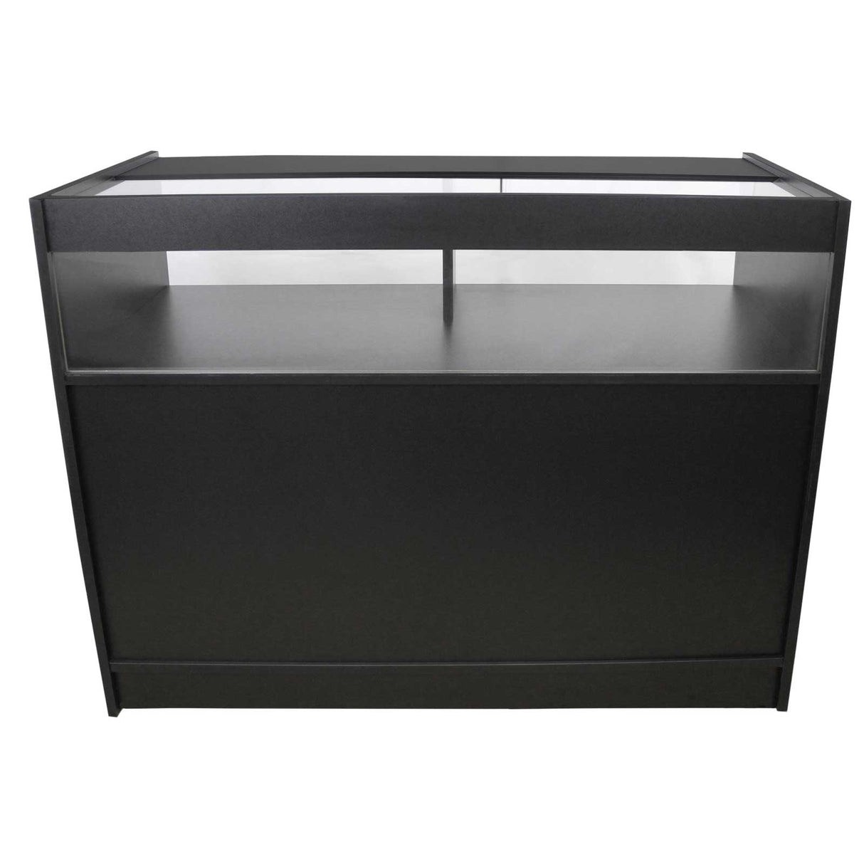 Expositor comercial B1200 com acabamento preto e 6 prateleiras ocultas