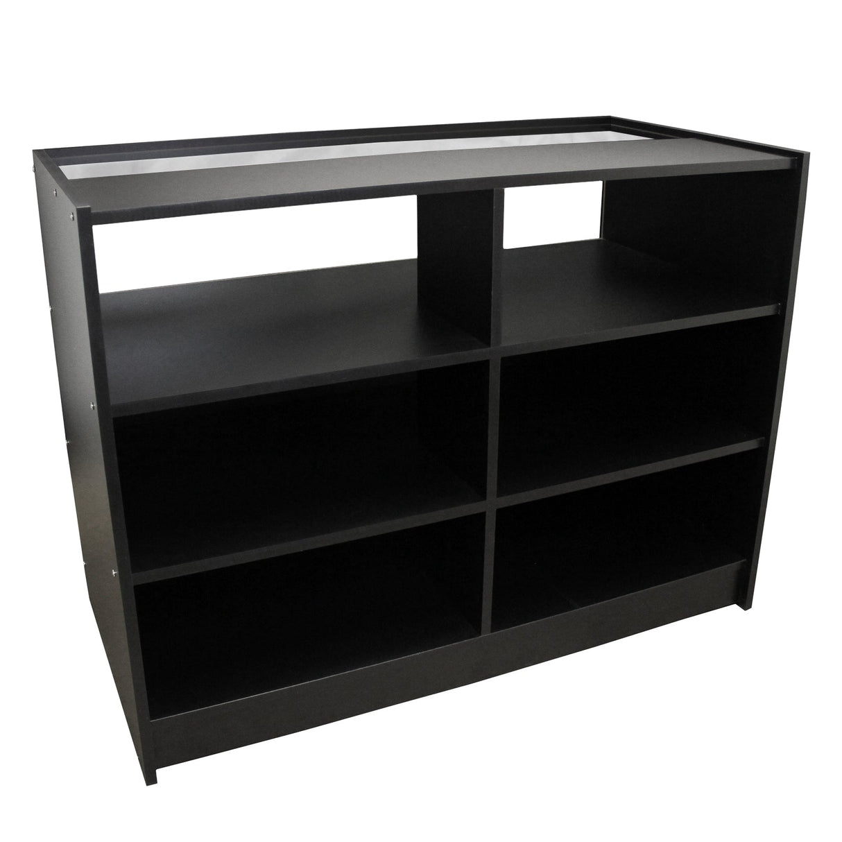 Expositor comercial B1200 com acabamento preto e 6 prateleiras ocultas