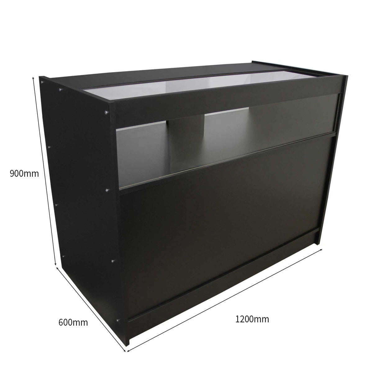 Expositor comercial B1200 com acabamento preto e 6 prateleiras ocultas