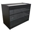 Vitrine expositora K1200 preta com estrutura em MDF, três prateleiras de vidro e acabamento liso, ideal para varejo