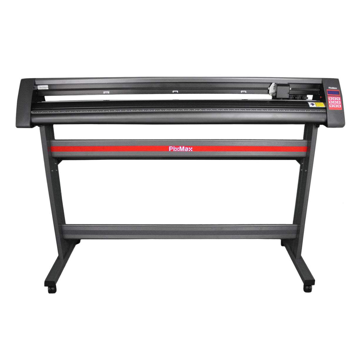 Plotter de recorte de vinil de 1350 mm com suporte, estrutura metálica preta, detalhes em vermelho, design robusto e funcional
