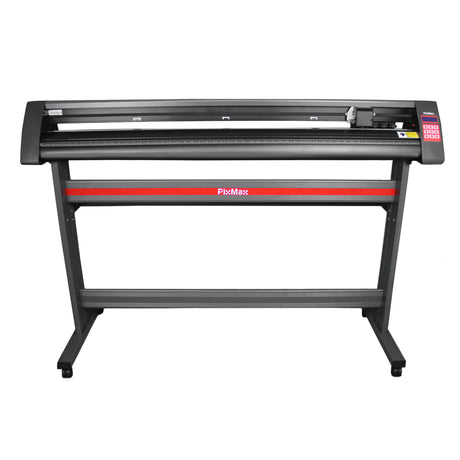 Plotter de recorte de vinil de 1350 mm com suporte, estrutura metálica preta, detalhes em vermelho, design robusto e funcional