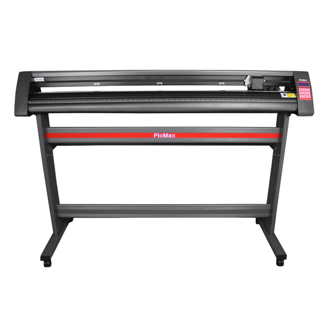 Plotter de recorte de vinil de 1350 mm com suporte, estrutura metálica preta, detalhes em vermelho, design robusto e funcional