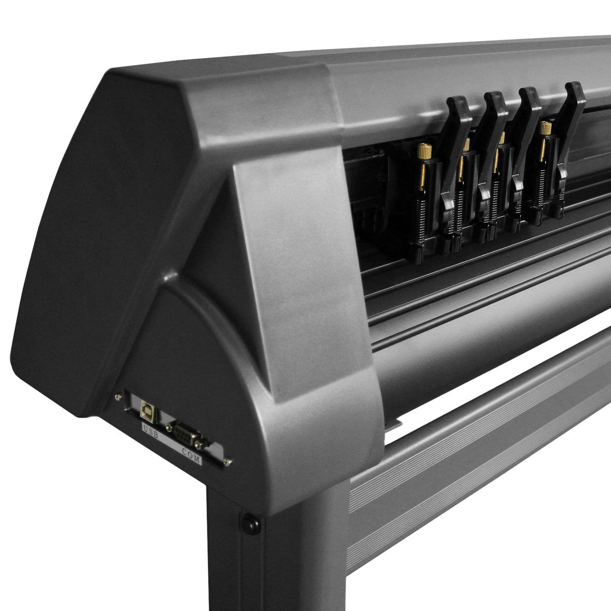 Plotter de recorte de vinil de 1350 mm em cinza escuro, com suporte robusto e detalhes em amarelo, ideal para trabalhos de precisão
