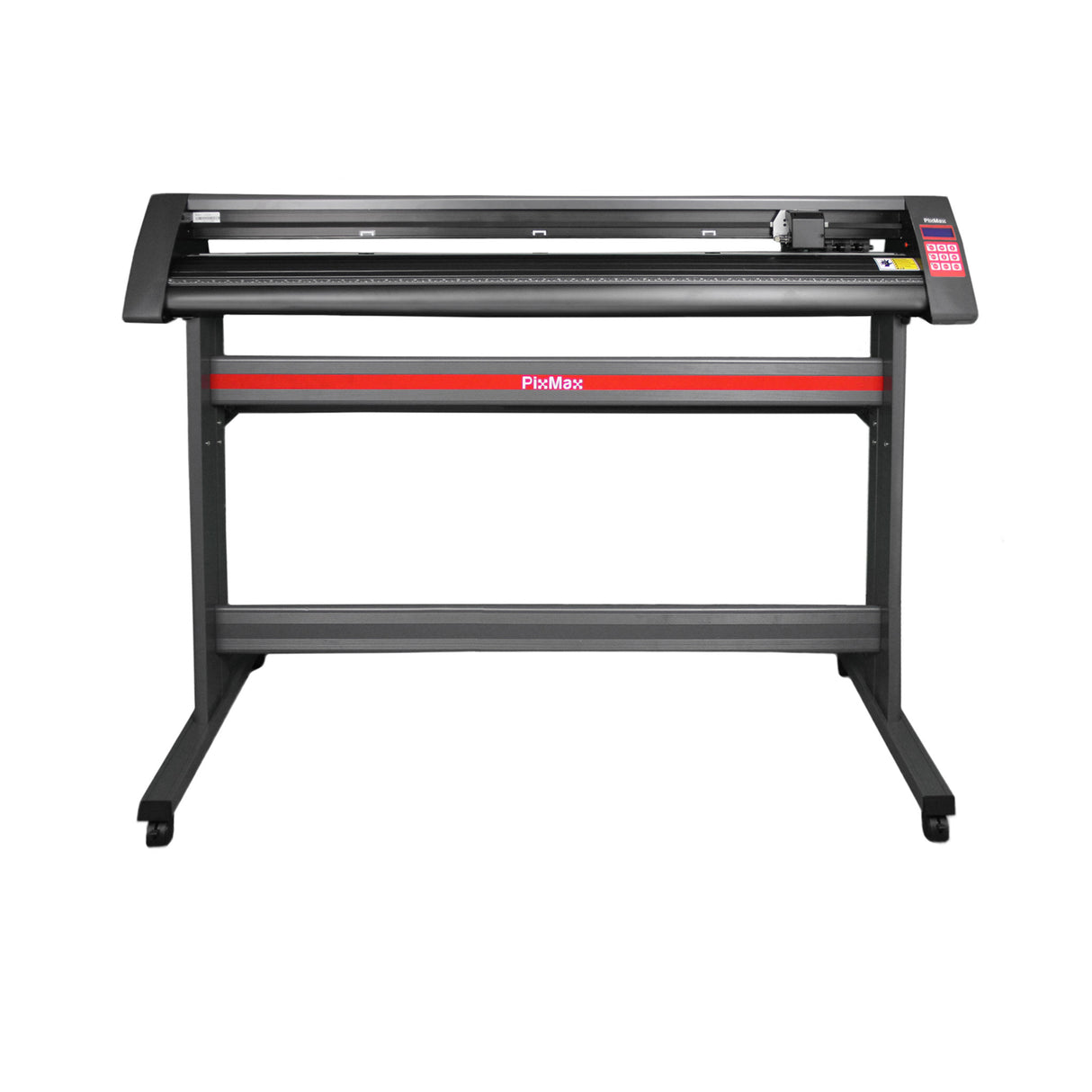 Plotter de recorte de vinil de 1350 mm com suporte, estrutura metálica preta, detalhes em vermelho, design robusto e funcional