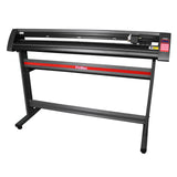 Plotter de recorte de vinil de 1350 mm, estrutura preta robusta, com suporte e painel de controle vermelho, ideal para personalização de projetos