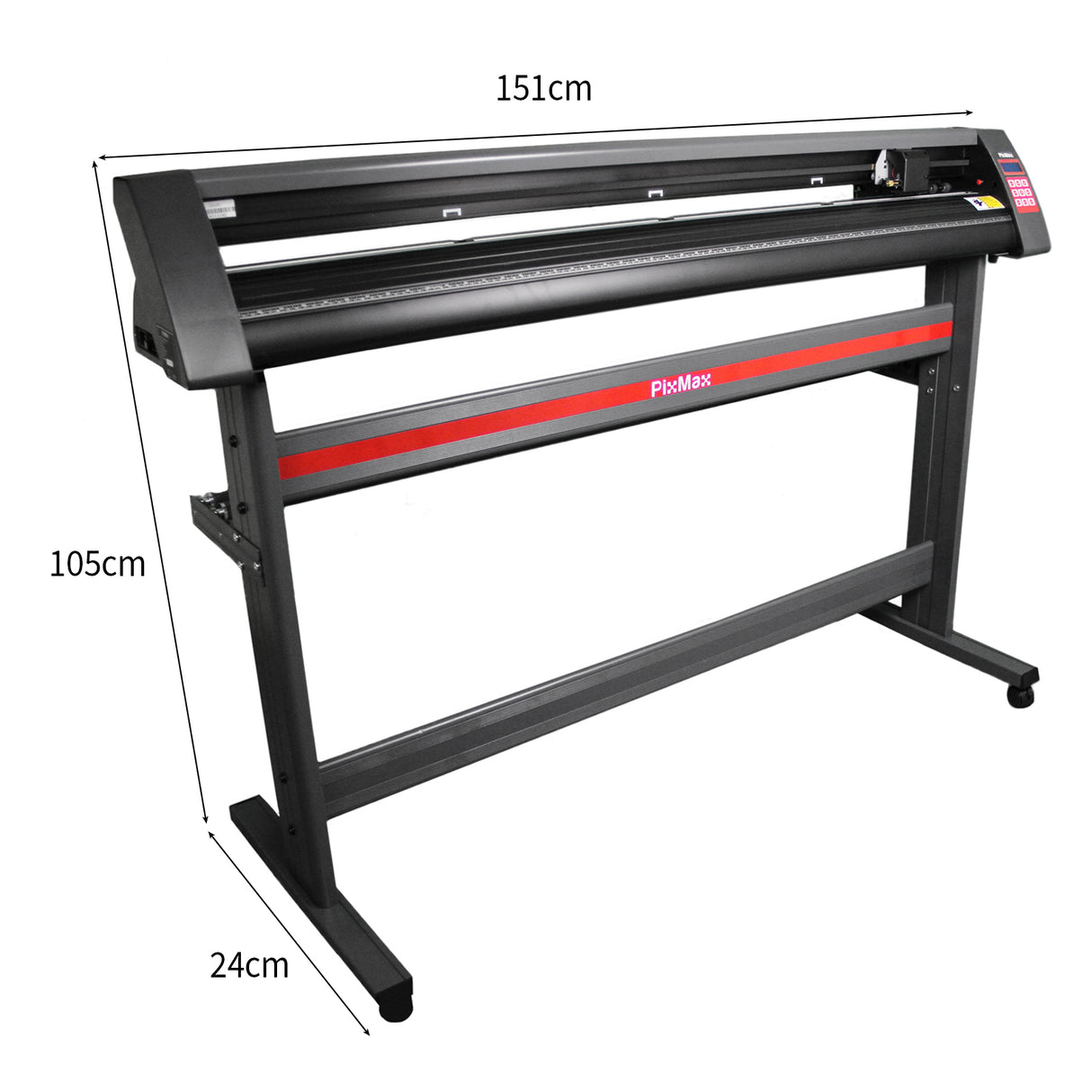 Plotter de recorte de vinil em preto com suporte, medindo 1350 mm de largura, estrutura robusta e design moderno, ideal para personalização