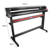 Plotter de recorte de vinil em preto com suporte, medindo 1350 mm de largura, estrutura robusta e design moderno, ideal para personalização