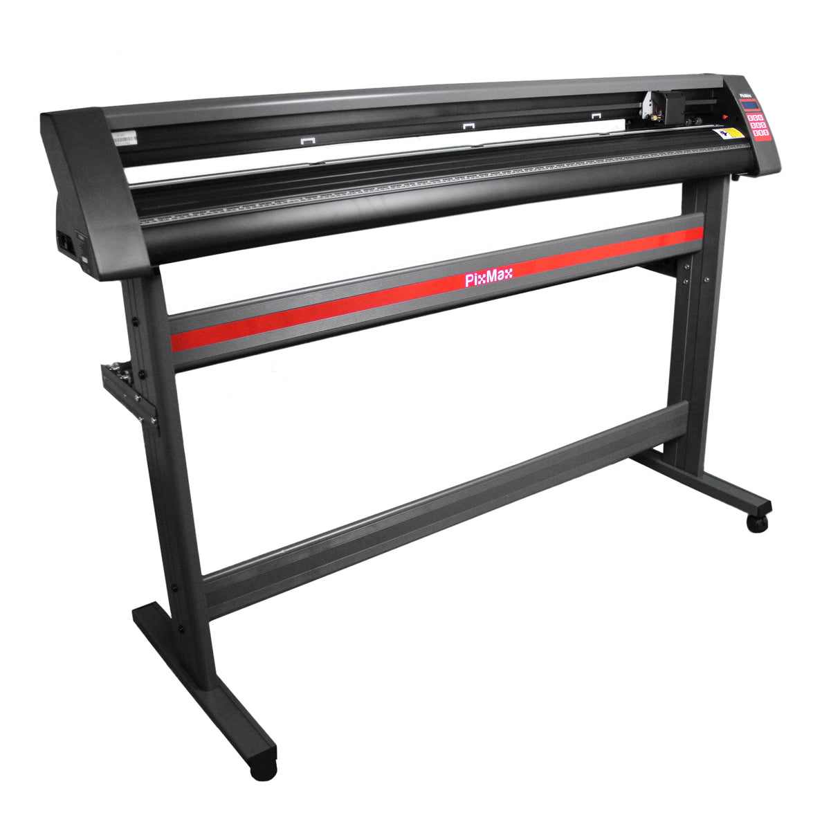 Plotter de recorte de vinil de 1350 mm, estrutura metálica preta com detalhes vermelhos, ideal para cortes precisos e suporte estável