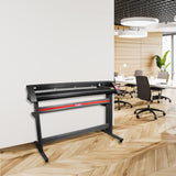 Plotter de recorte de vinil preto com suporte, destacando-se em um ambiente moderno de escritório com piso de madeira clara e móveis elegantes