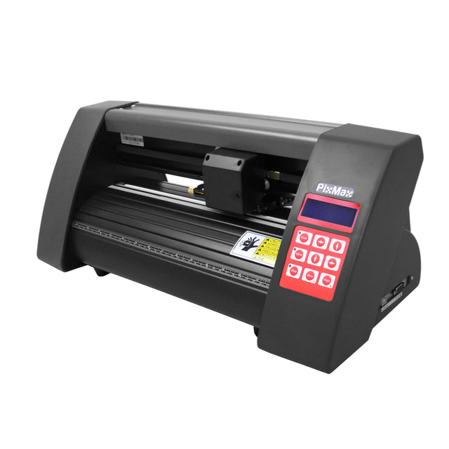 Plotter de recorte de vinil 360mm, com corpo preto, painel de controle vermelho e design compacto, ideal para personalização de materiais