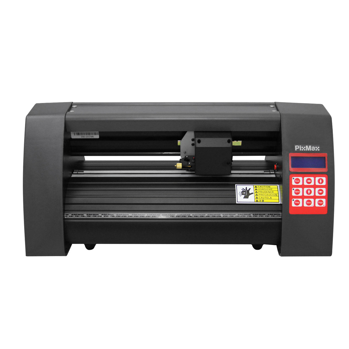 Plotter de recorte de vinil em preto com painel vermelho, design moderno e compacto, ideal para trabalhos de corte precisos e criativos