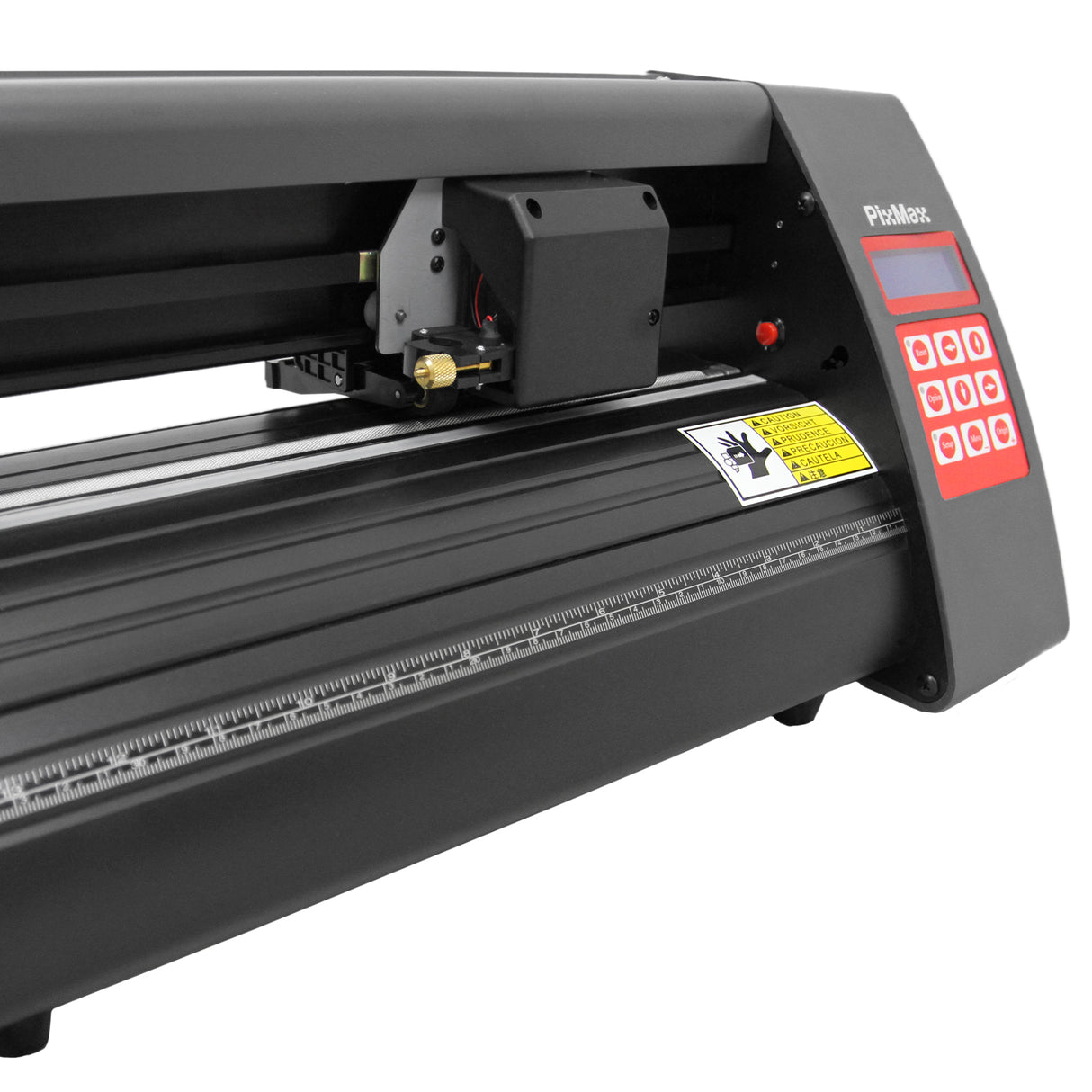 Plotter de recorte de vinil 360mm com design moderno, corpo preto, painel de controle vermelho e detalhes em metal brilhante