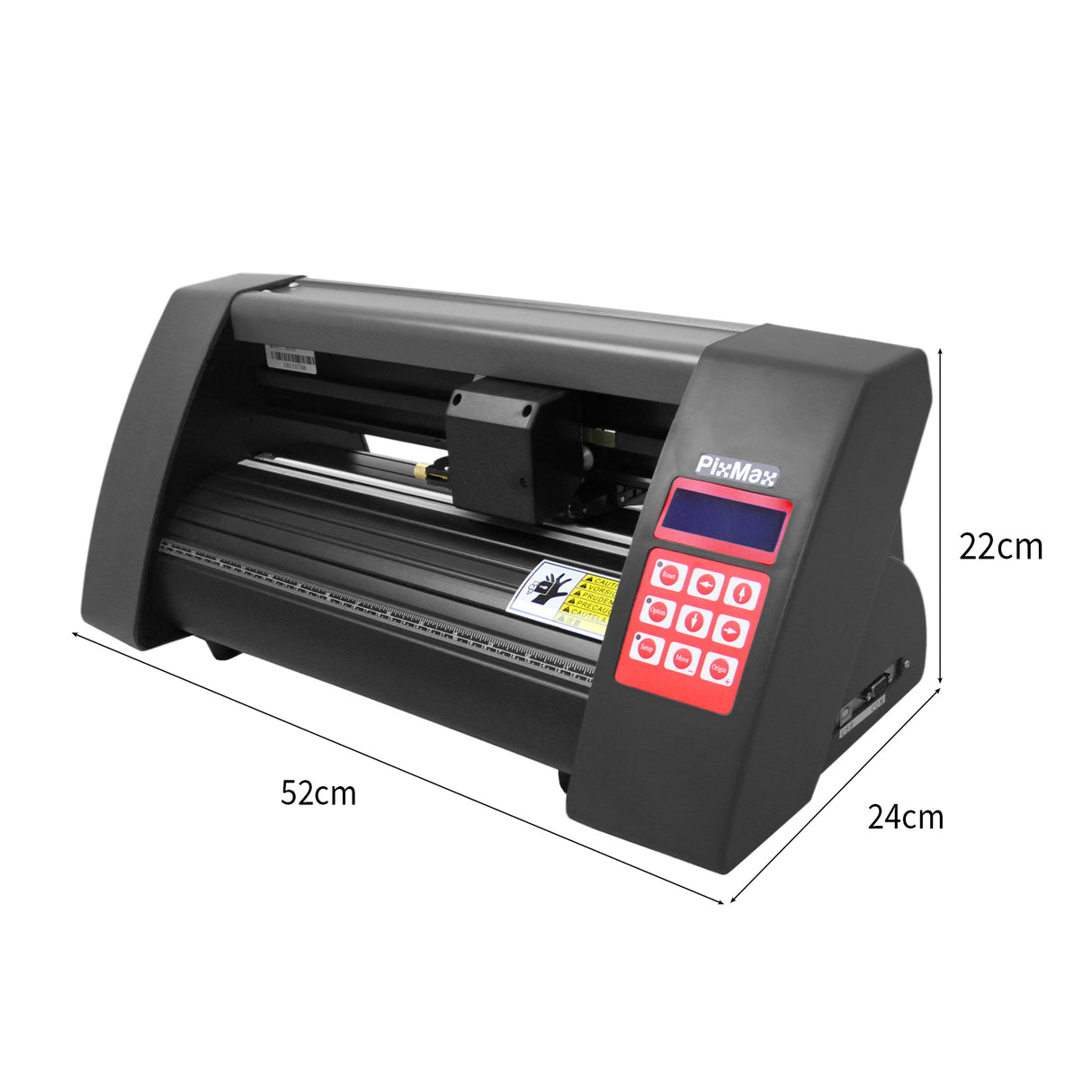 Plotter de recorte de vinil preto, com painel vermelho, dimensões de 52cm x 24cm x 22cm, ideal para cortes precisos em vinil