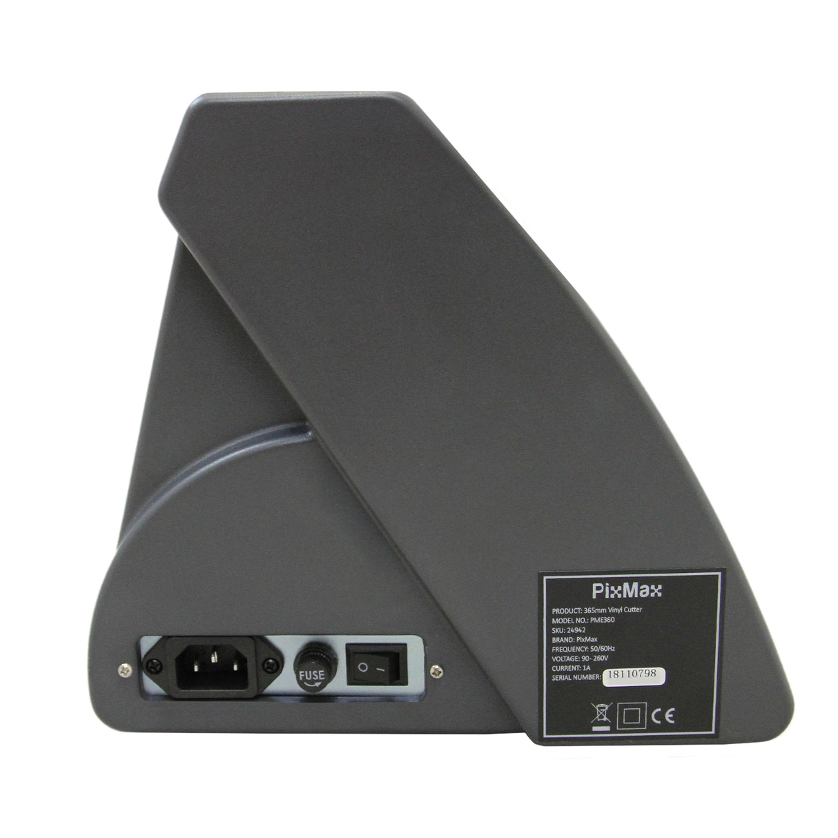 Plotter de recorte de vinil cinza escuro, com design inclinado, mostrando entradas para energia e fusível na parte traseira