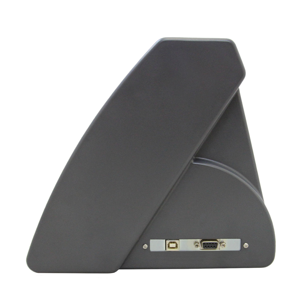 Plotter de recorte de vinil na cor cinza, com design moderno e contornos suaves, destacando a porta USB na parte traseira