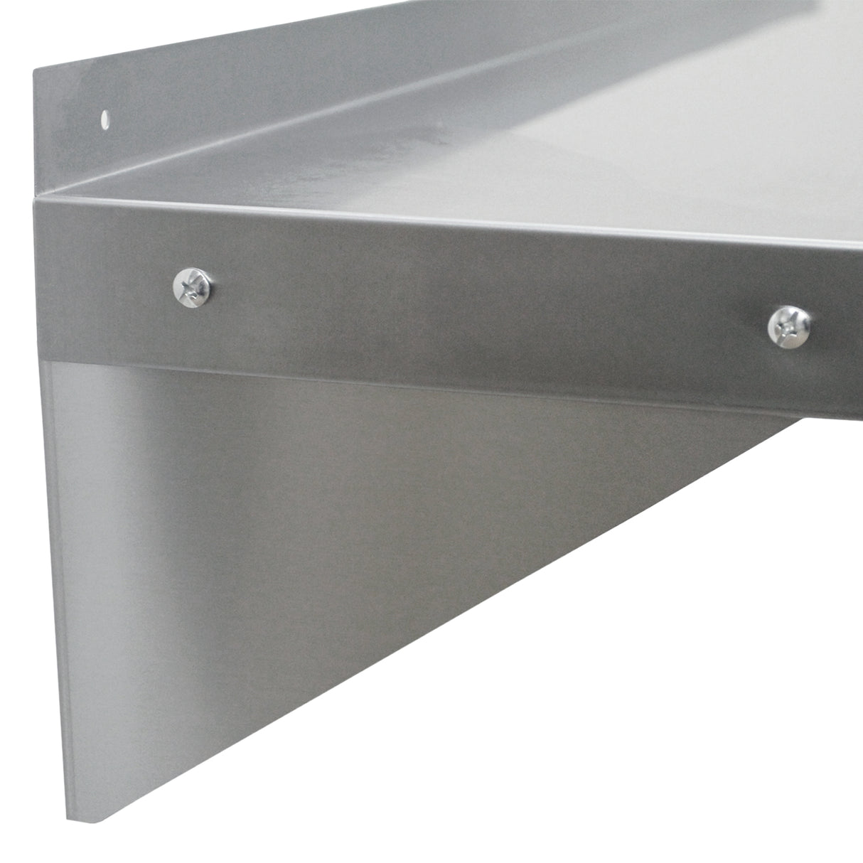 Bancada de aço inoxidável com acabamento polido, prateleiras de parede, ideal para catering, resistente e fácil de limpar